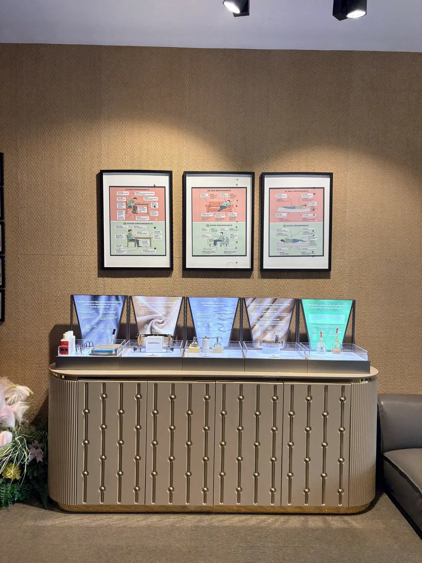 SOISU quality assurance display table at Prabhadevi showroom, Mumbai — showing leather samples, durability tests and construction materials