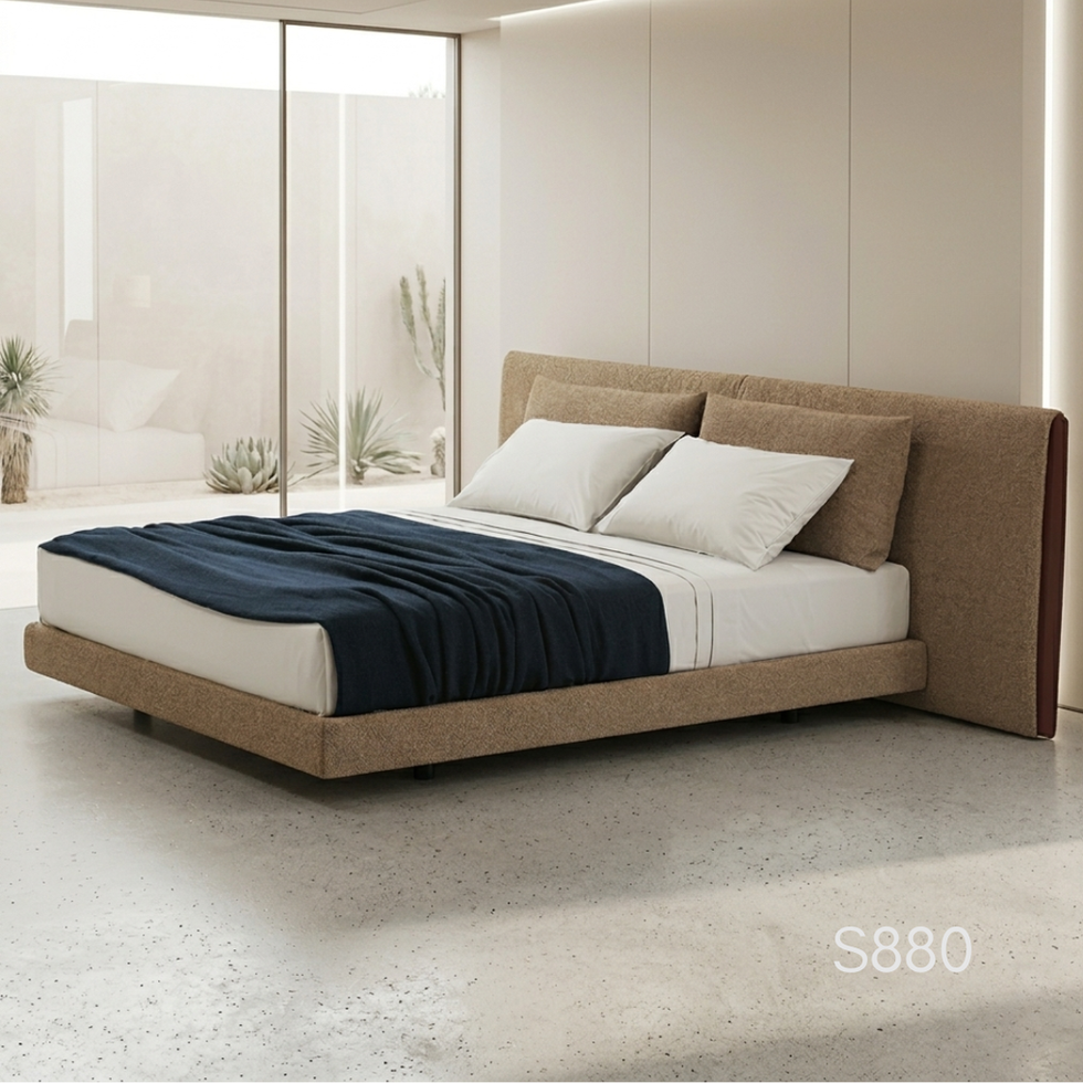 S880 Bouclé + Leather — Bouclé with leather-accent headboard.