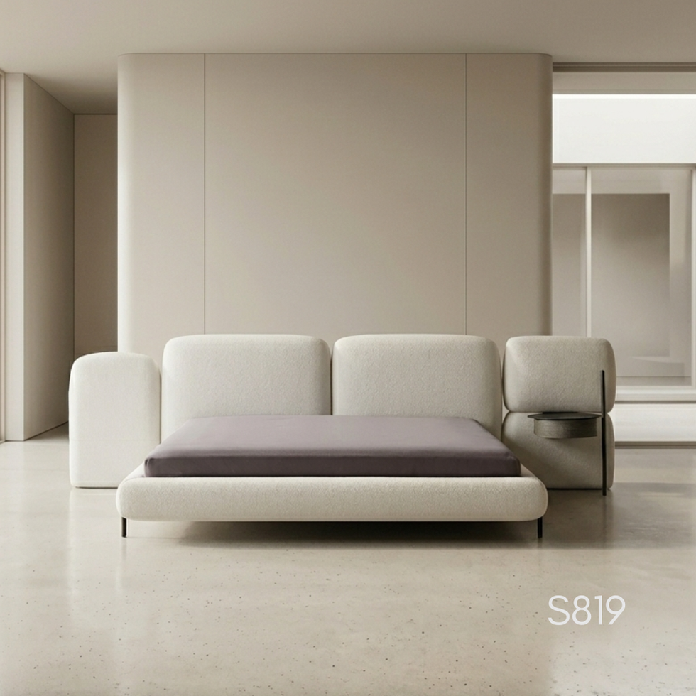 S819 Bouclé + Side Table — Bouclé bed with integrated side table.
